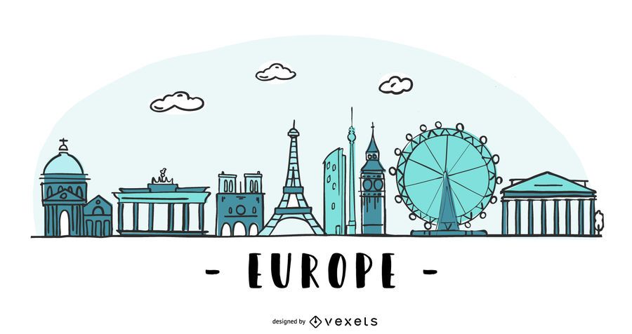 Ilustración coloreada del horizonte de Europa Ilustración coloreada del horizonte de Europa