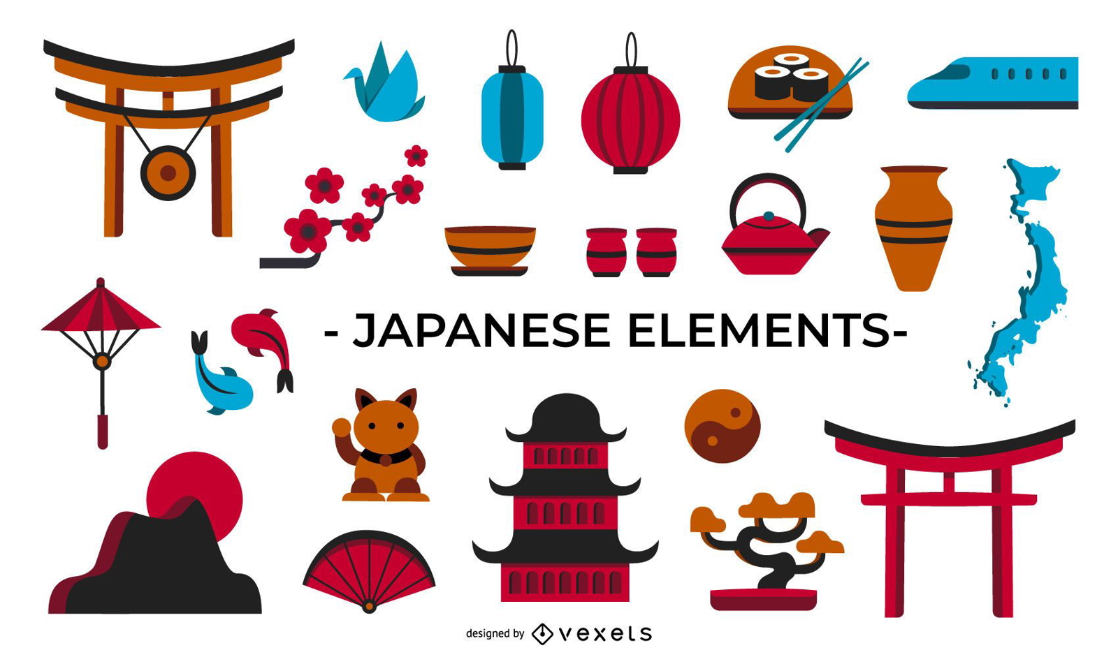 Colección de elementos planos de cultura japonesa