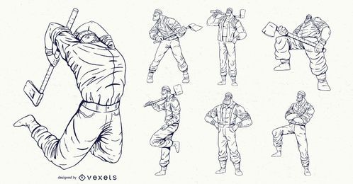 Conjunto de personajes de leñador dibujado a mano