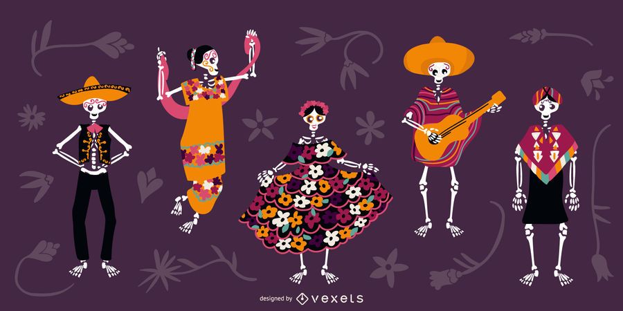 Conjunto de caracteres de esqueletos de cinco de mayo Conjunto de caracteres de esqueletos de cinco de mayo