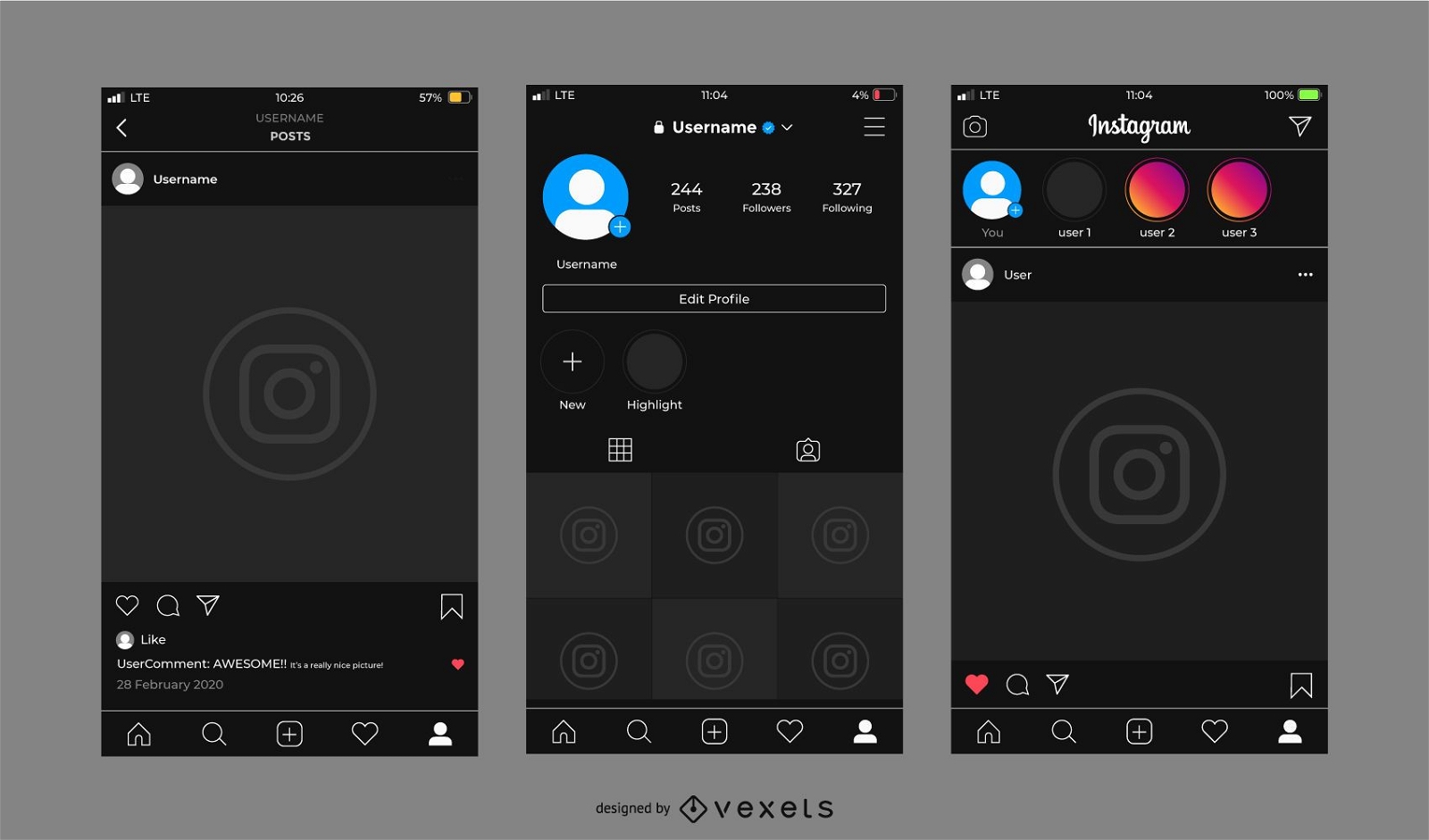 Instagram Dark Interface Template Set