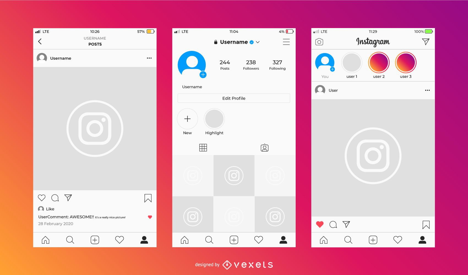 Conjunto de diseño de interfaz ligera de Instagram