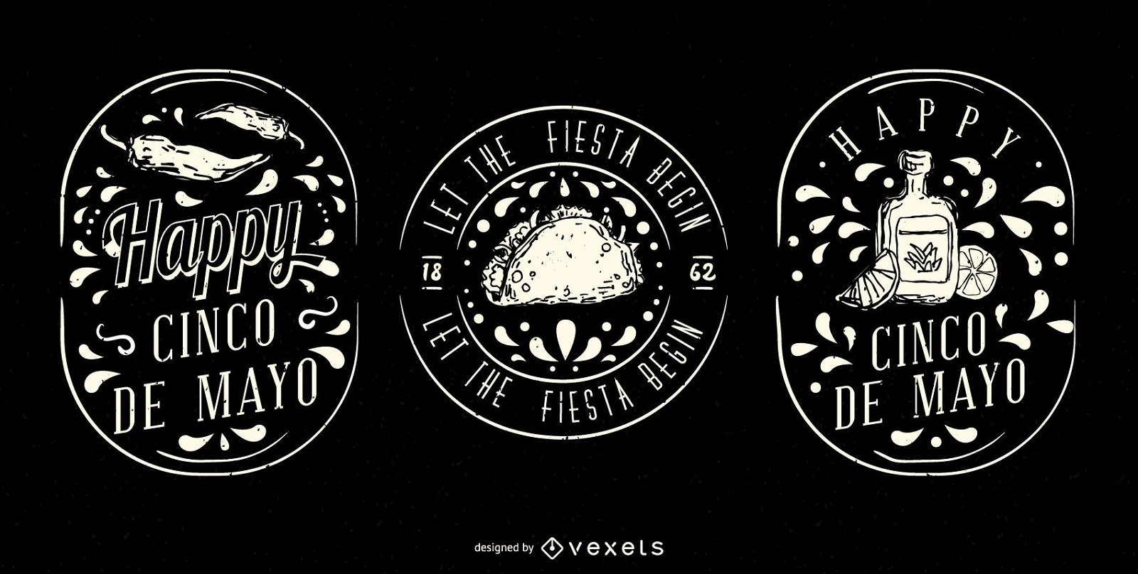 Conjunto de insignias ilustradas del Cinco de Mayo