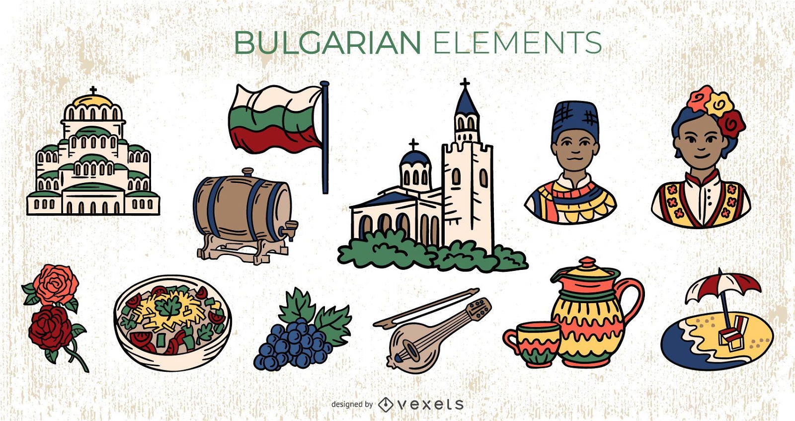 Pacote de ilustrações coloridas de elementos búlgaros