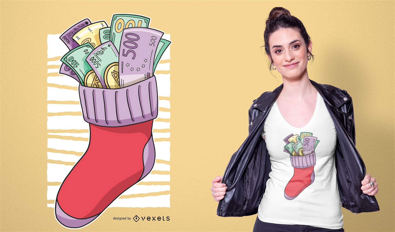 Design de camisetas com meias de Natal para dinheiro