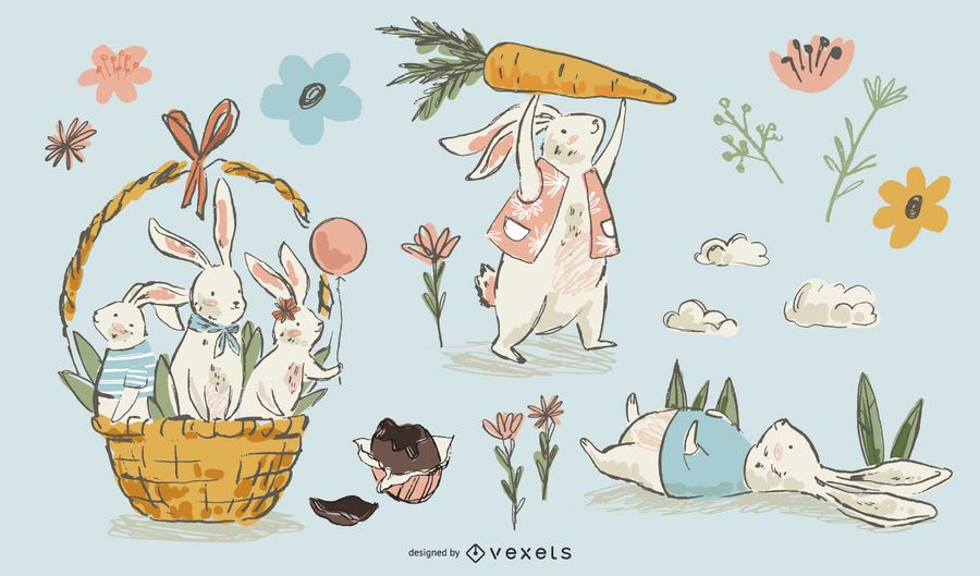 Easter rabbits hand drawn set Easter rabbits hand drawn set