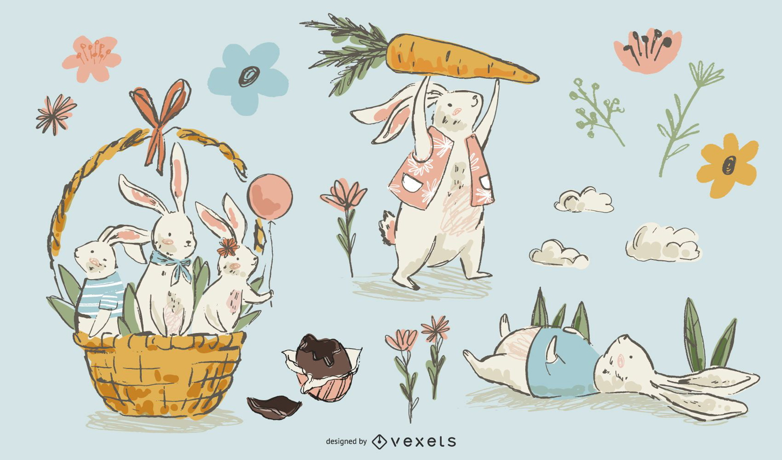 Conjunto de coelhos da Páscoa desenhados à mão