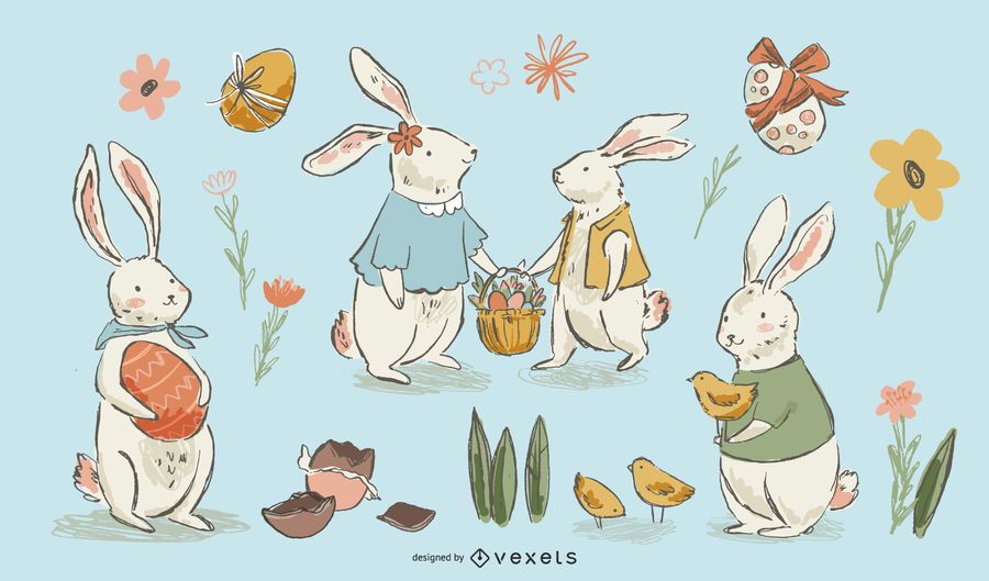 Hand drawn easter bunnies set Hand drawn easter bunnies set