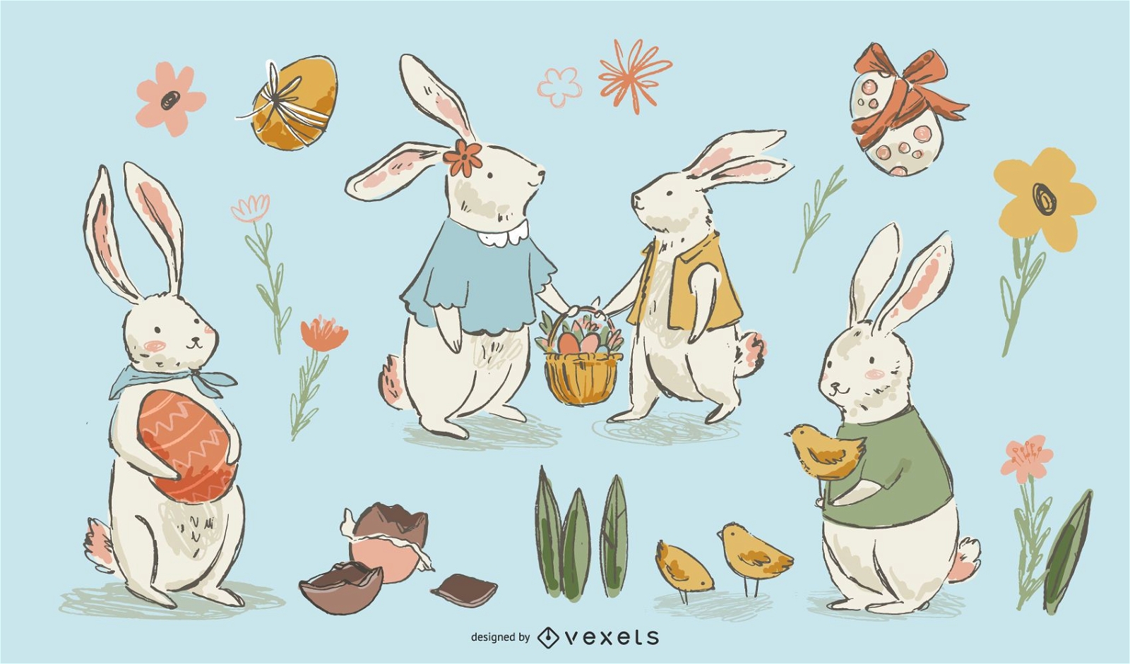 Conjunto de coelhinhos da Páscoa desenhados à mão