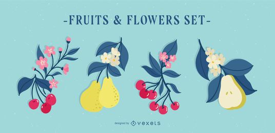 Conjunto de ilustração de frutas e flores Conjunto de ilustração de frutas e flores