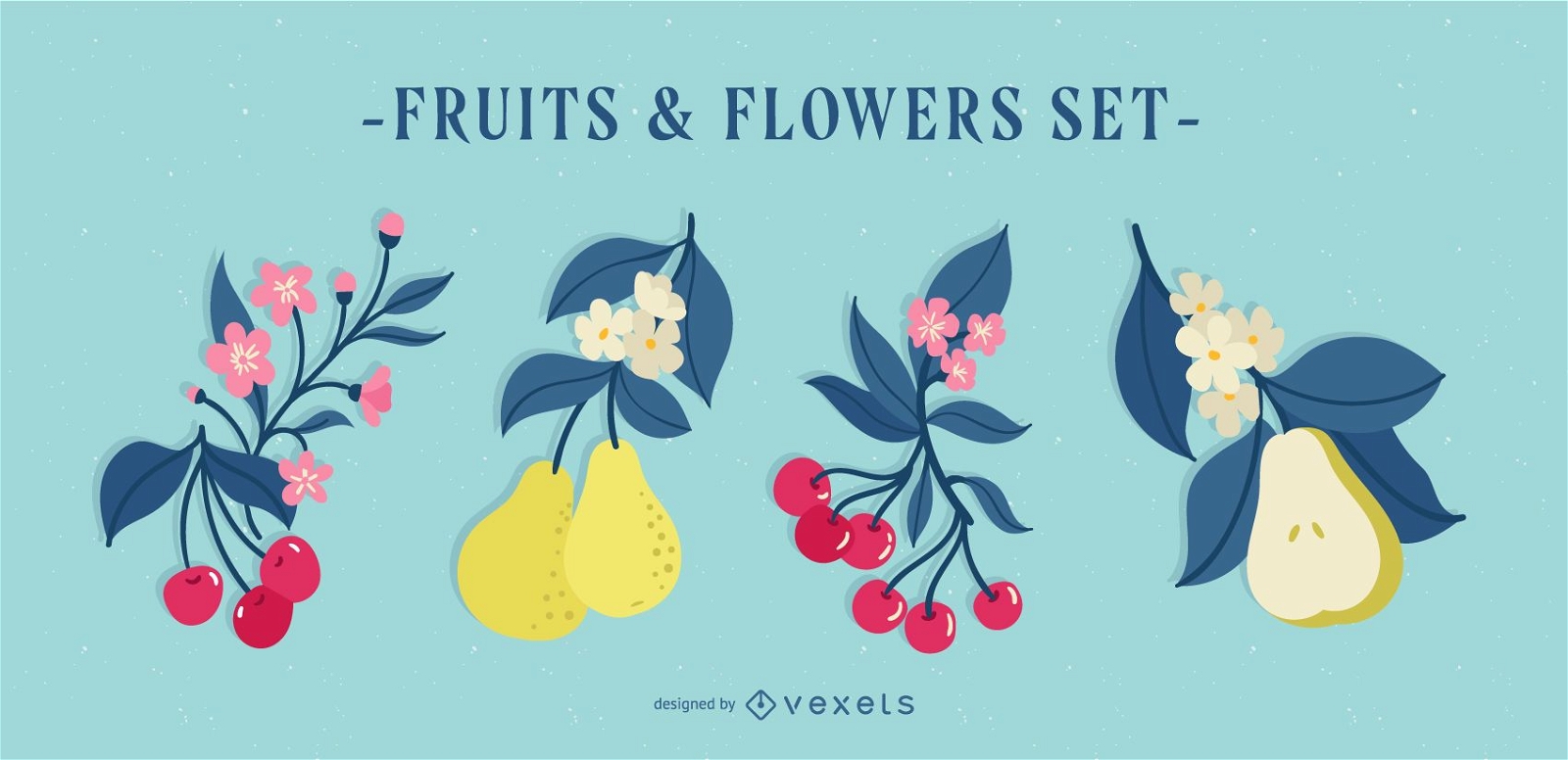 Conjunto de ilustración de frutas y flores
