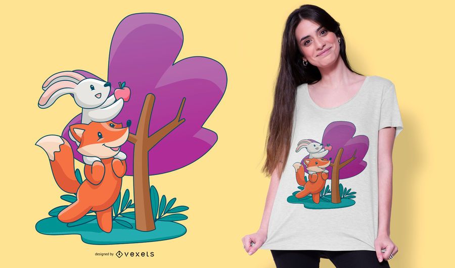 Diseño de camiseta de dibujos animados Fox and Bunny Diseño de camiseta de dibujos animados Fox and Bunny