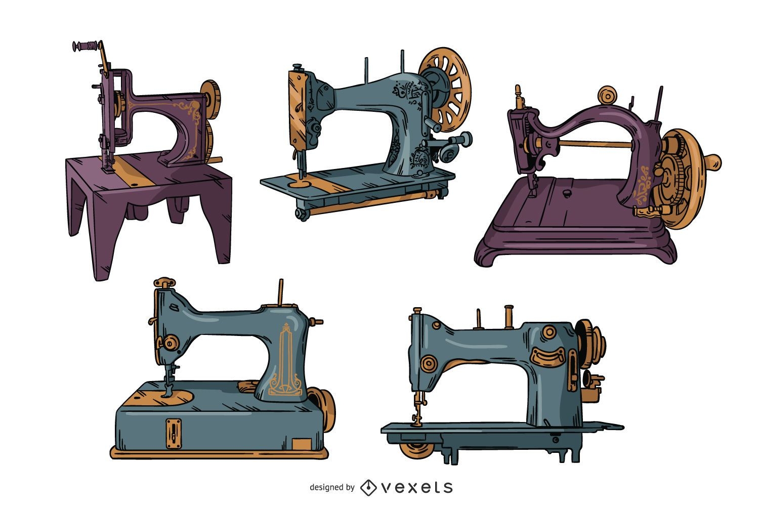 Vintage sewing machines illustration set