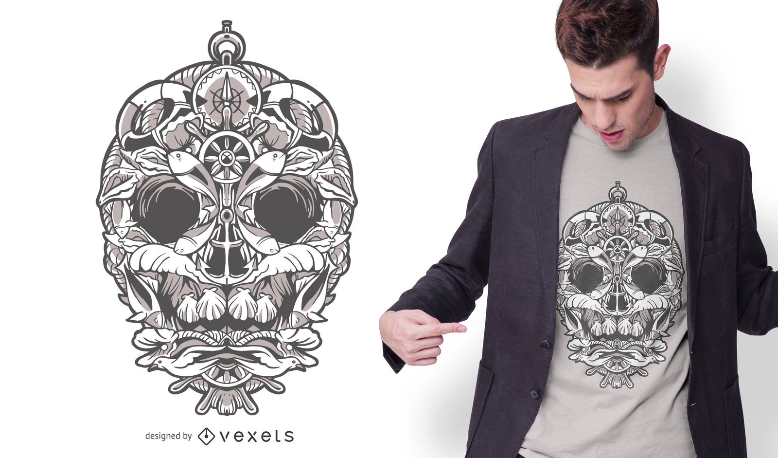 Diseño de camiseta de calavera ornamental náutica