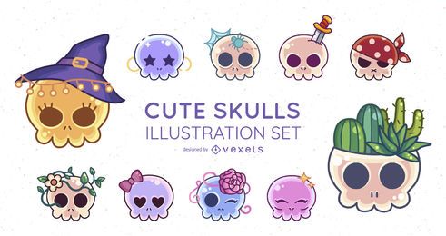Conjunto de ilustração de caveiras fofas