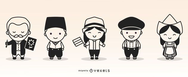 Lindo conjunto monocromo de personajes de Holanda