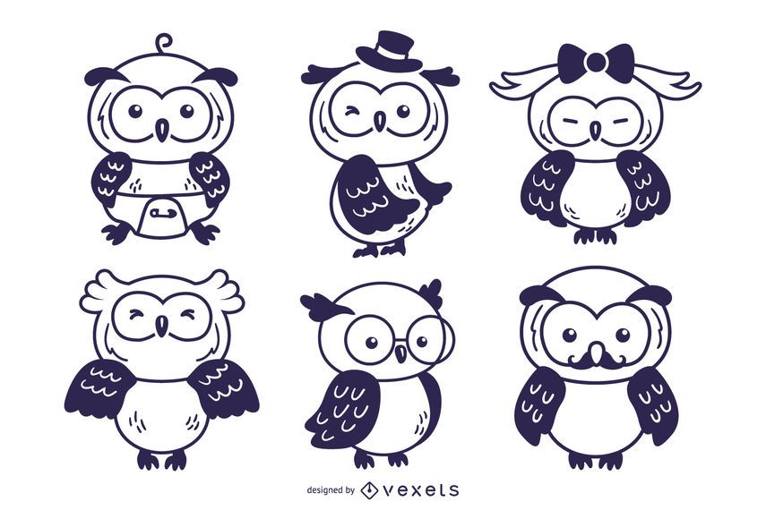 Owl cute character stroke set Owl cute character stroke set
