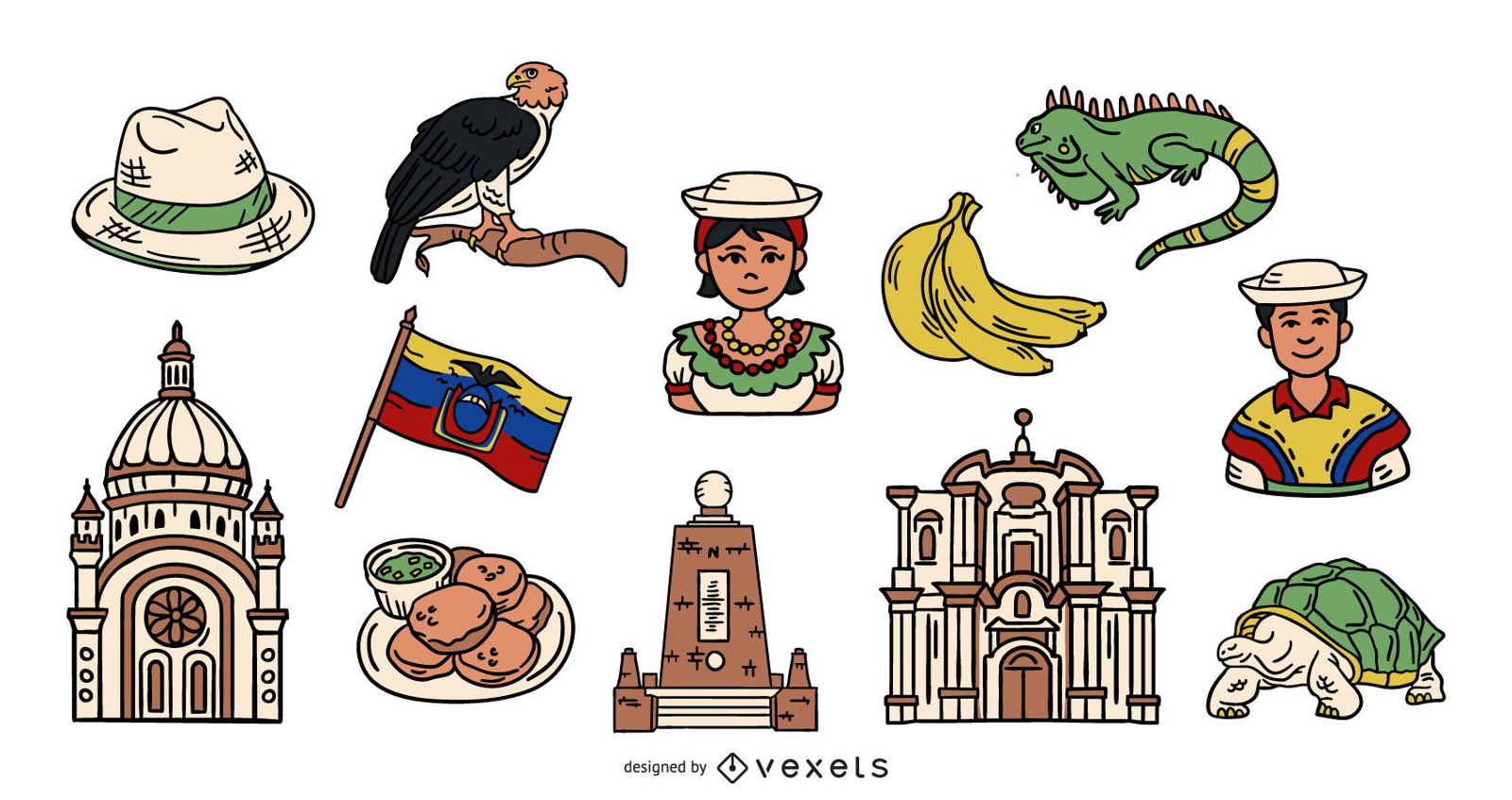 Pacote de elementos ilustrados coloridos do Equador