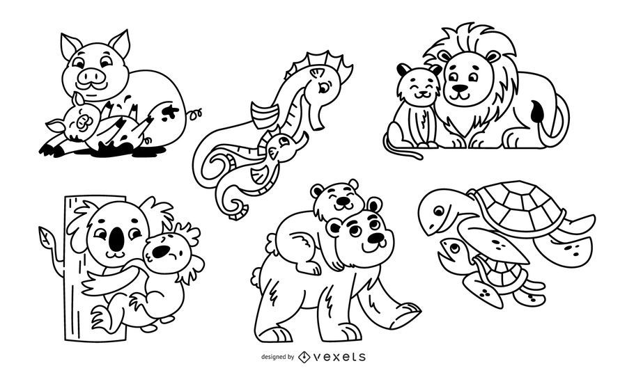 Conjunto de ilustração de traços de pais animais Conjunto de ilustração de traços de pais animais