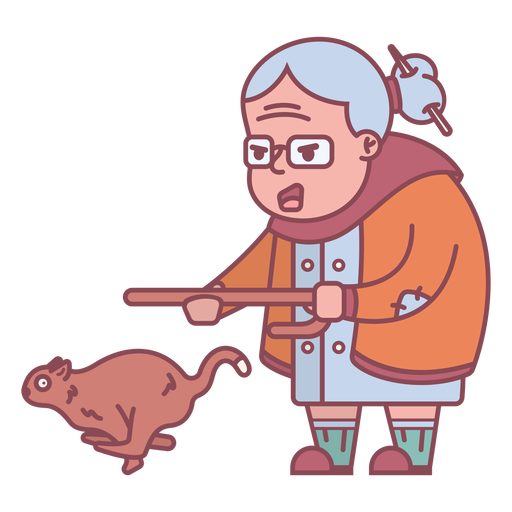 Personaje de la abuela persiguiendo ardilla plana
