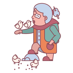 Vovó alimentando pássaros no apartamento Desenho PNG