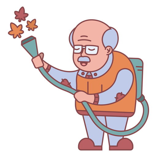 Abuelo personaje regando plantas planas.