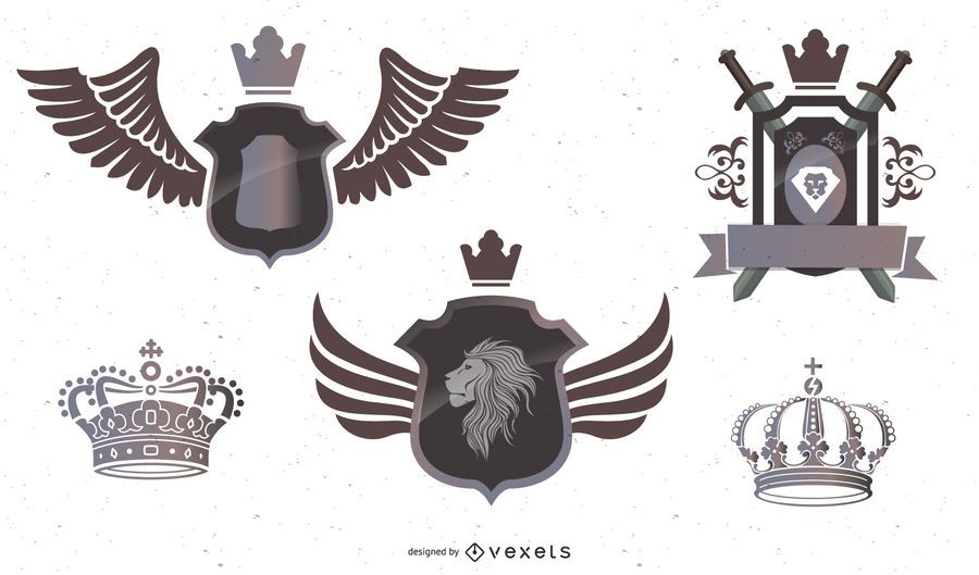 3 Heraldry Crests with Crowns, Lions, Banners 3 Heraldry Crests with Crowns, Lions, Banners