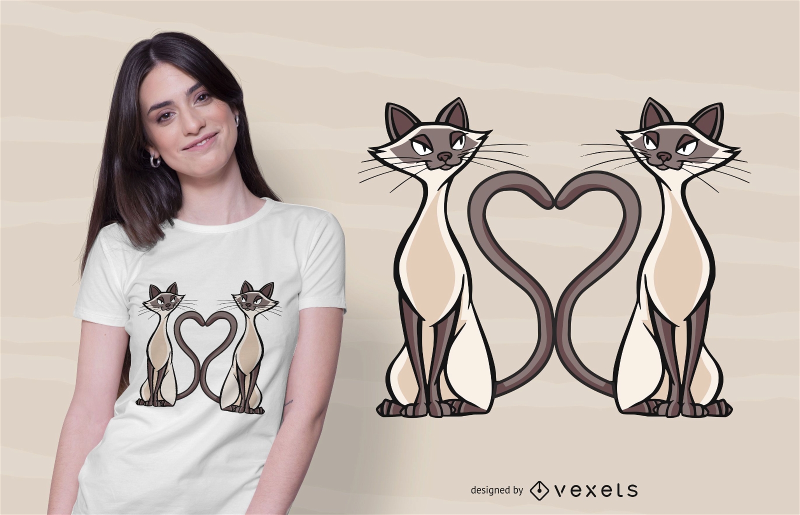Diseño de camiseta de corazón de gatos siameses.