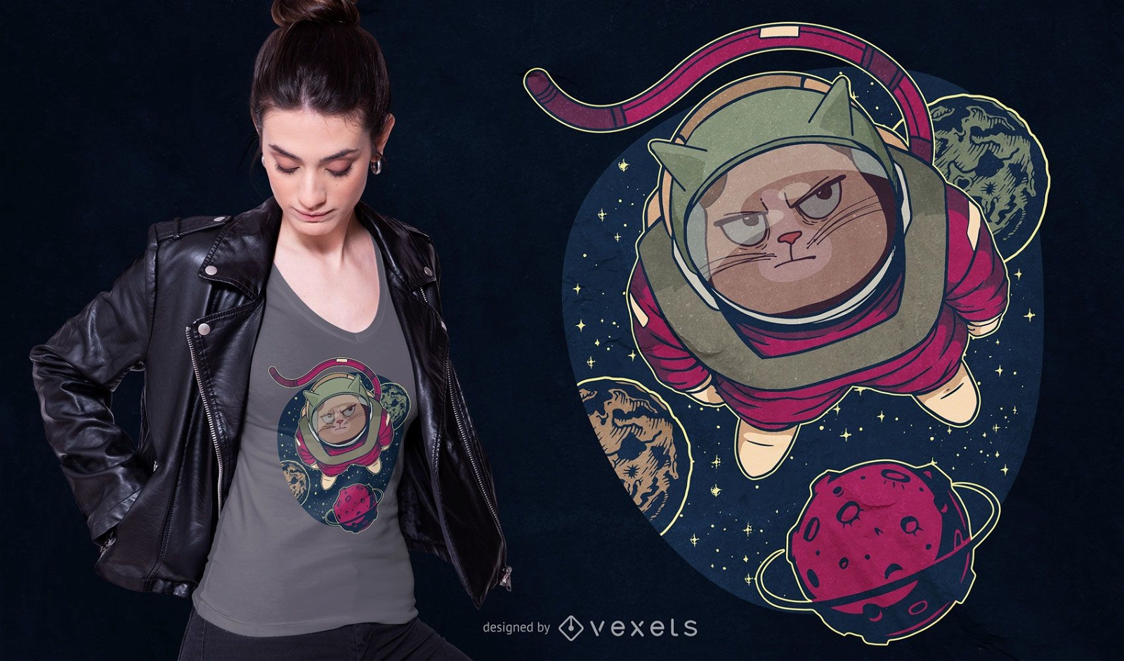 Design de camiseta de gato astronauta
