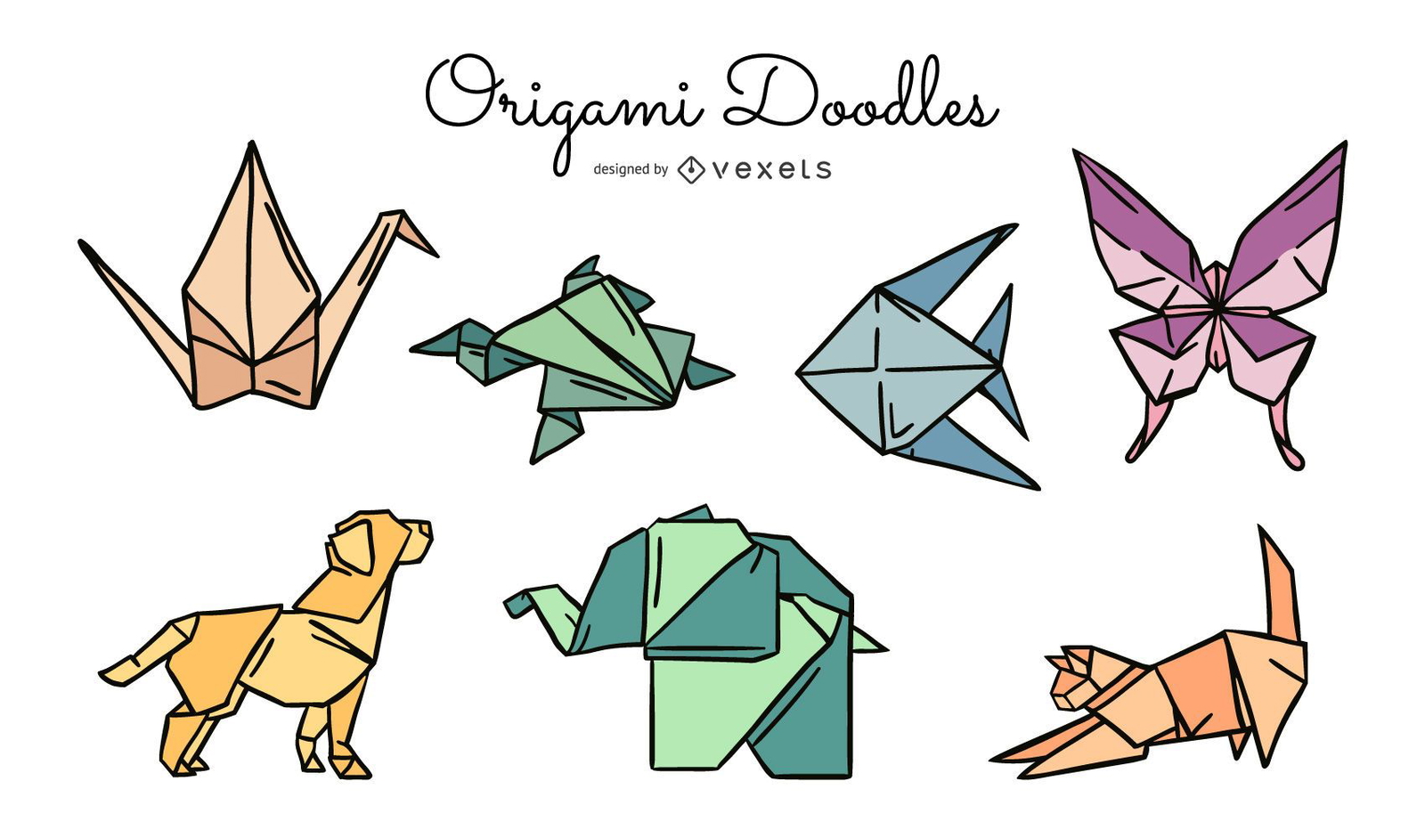 Pacote de ilustração colorida de animais de origami