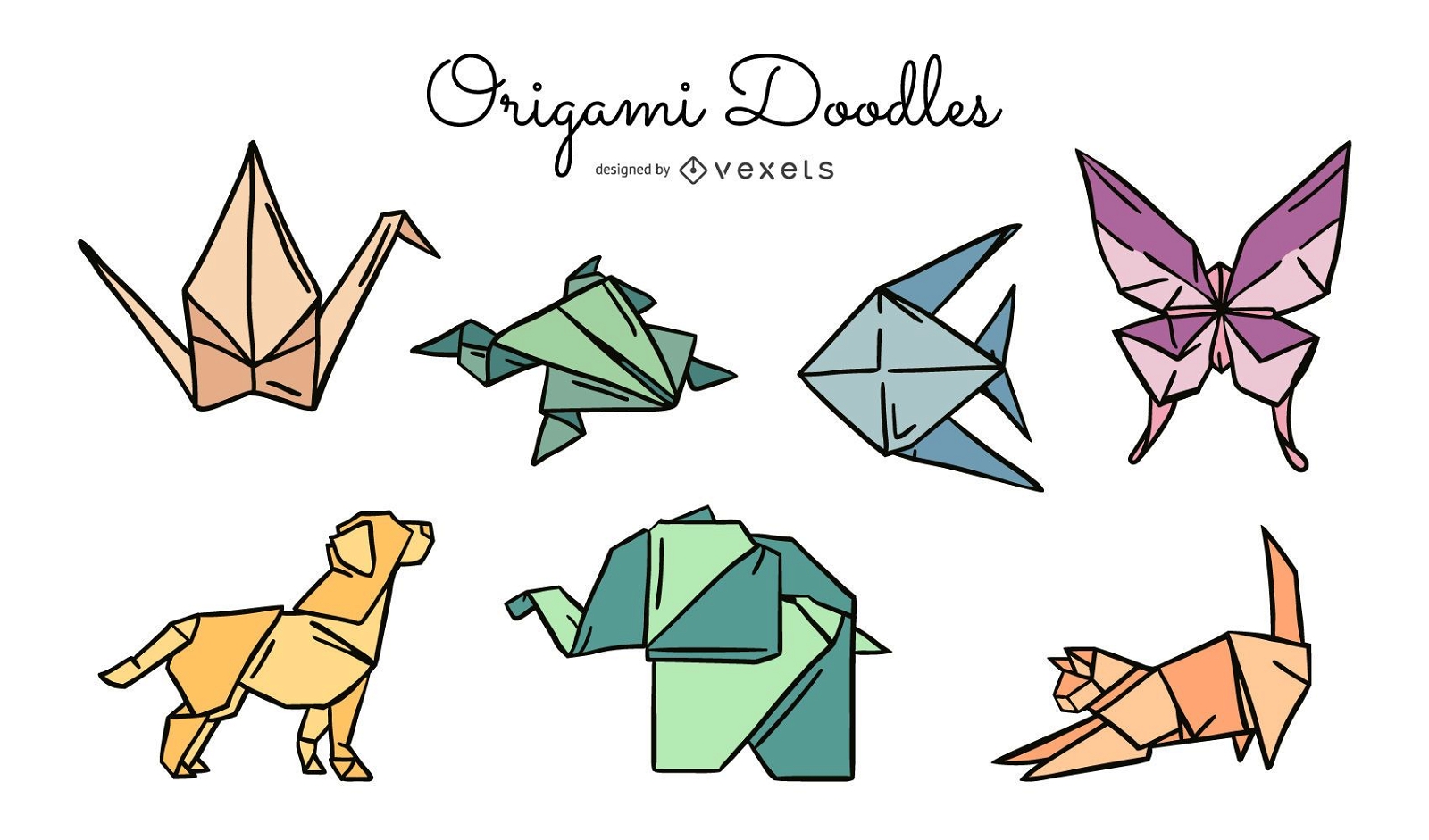 Paquete de ilustraciones coloreadas de animales de origami