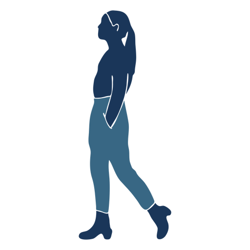 Ponytail woman girl walking profile blue duotone PNG Design