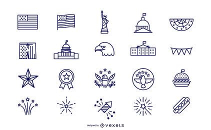 Conjunto de iconos del día de la independencia de trazo simple