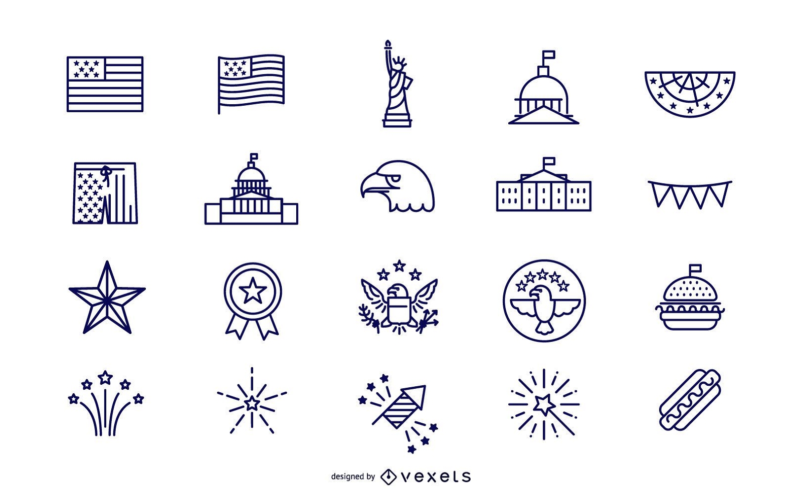 Conjunto de ícones do Dia da Independência de Traço Simples