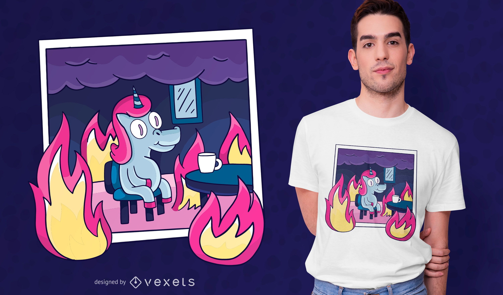 Unicorn in Flames Cartoon T-shirt Design