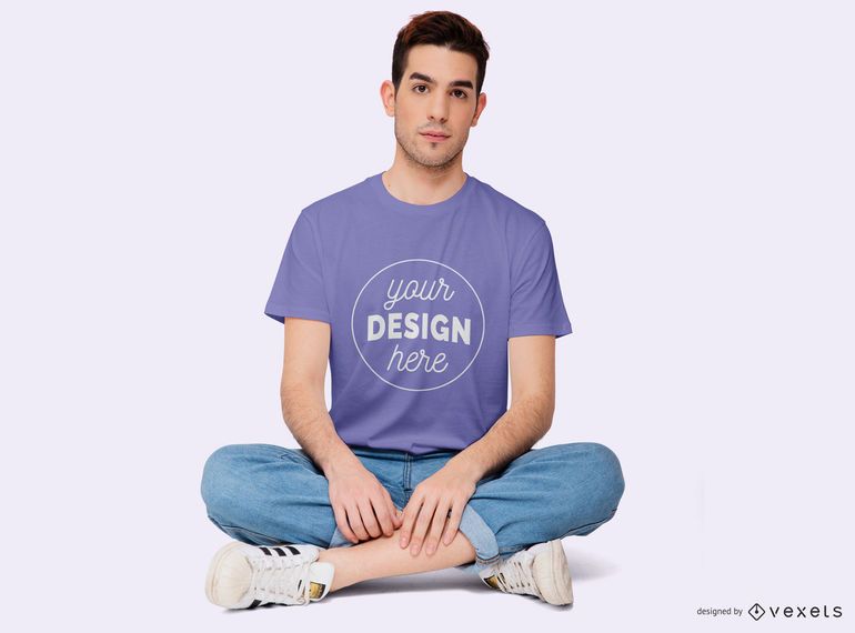 Boy Sitting With Legs Crossed T-shirt Mockup Boy Sitting With Legs Crossed T-shirt Mockup