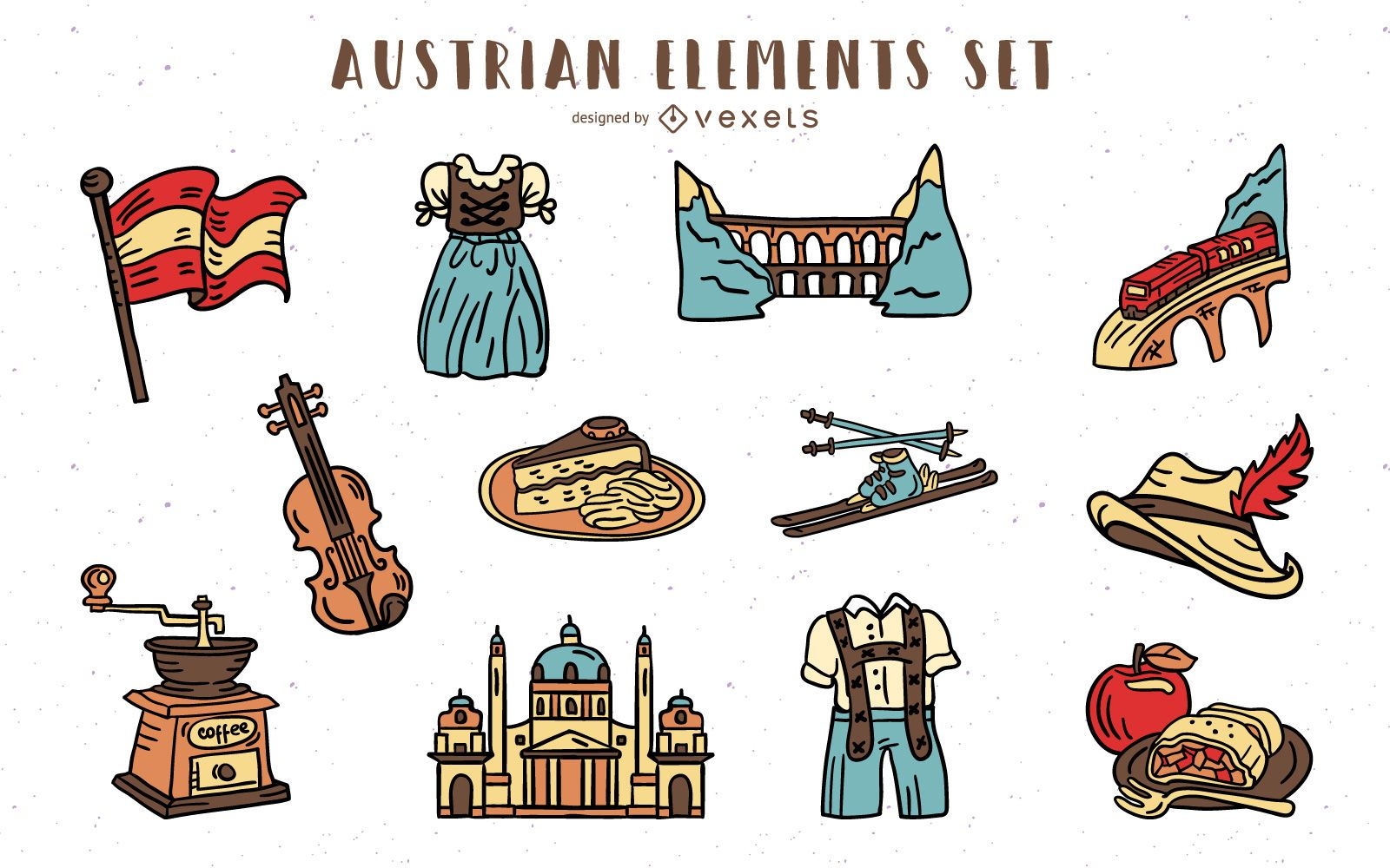 Conjunto de elementos austriacos dibujados a mano