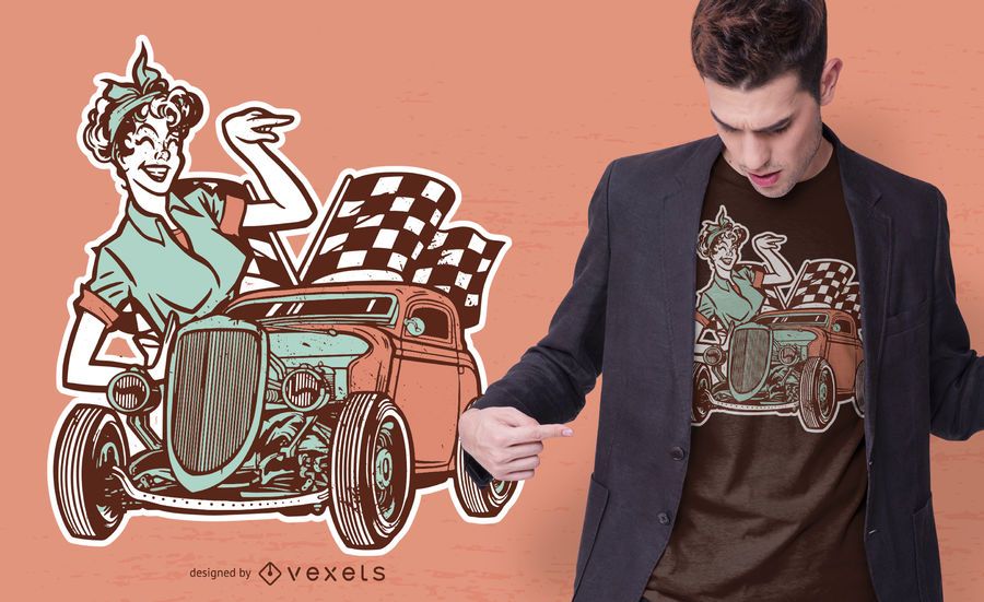 Vintage Pin-Up Girl and Car T-shirt Design Vintage Pin-Up Girl and Car T-shirt Design