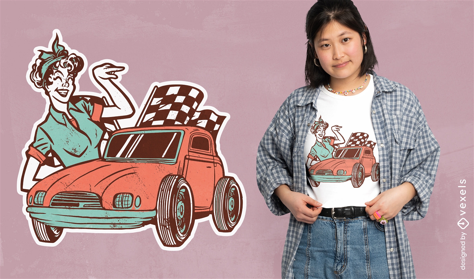 Design vintage de camiseta de garota pin-up e carro