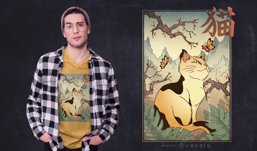 Diseño de camiseta de paisaje de gato de estilo japonés Diseño de camiseta de paisaje de gato de estilo japonés