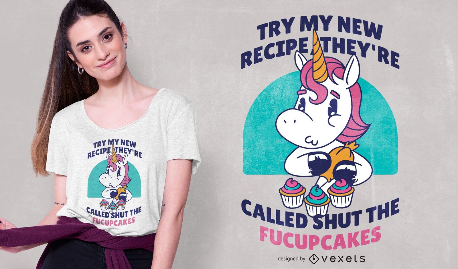 Design engraçado de t-shirt com citações do unicórnio do cupcake