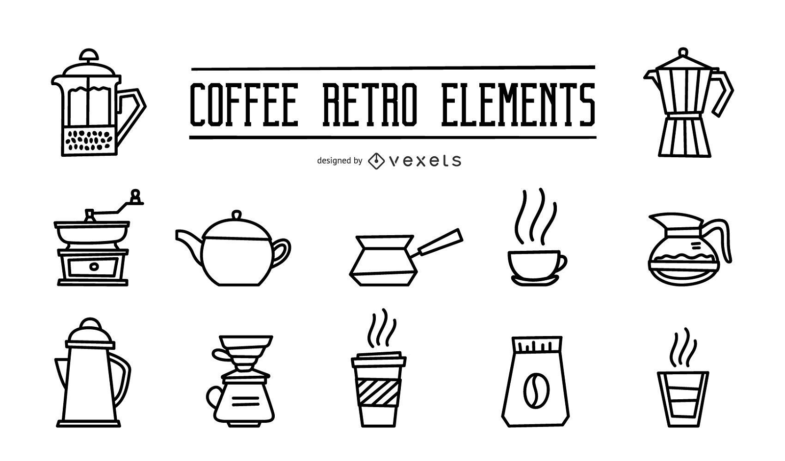 Kaffee Retro Elemente Strichset