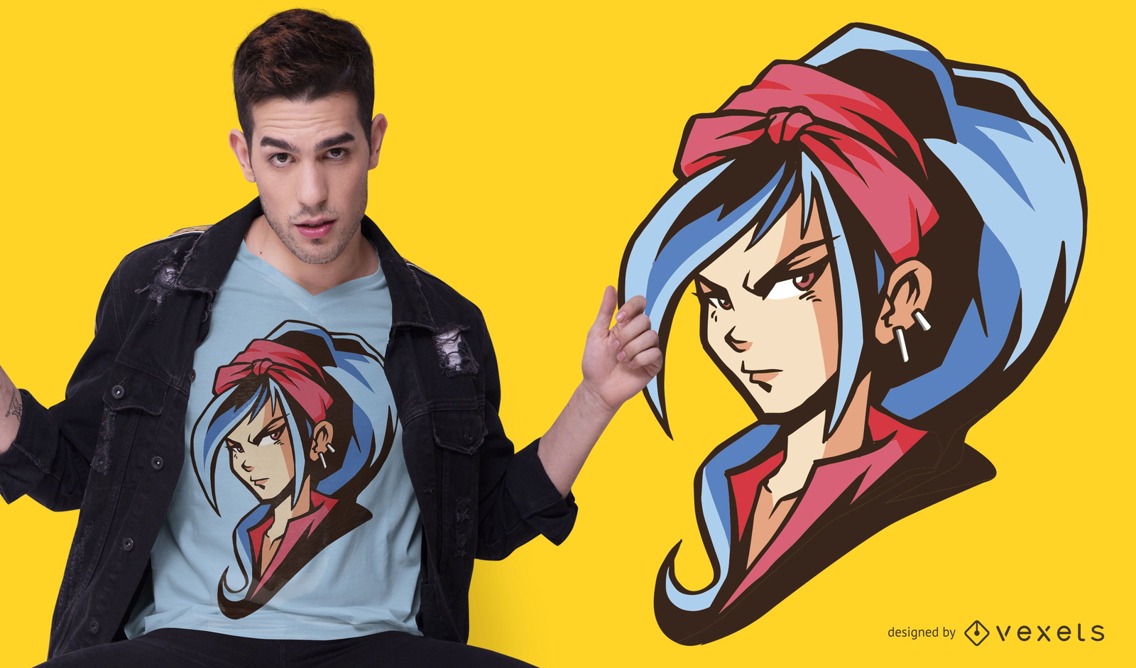 Blaues Haar-T-Shirt-Design des Anime-Mädchens