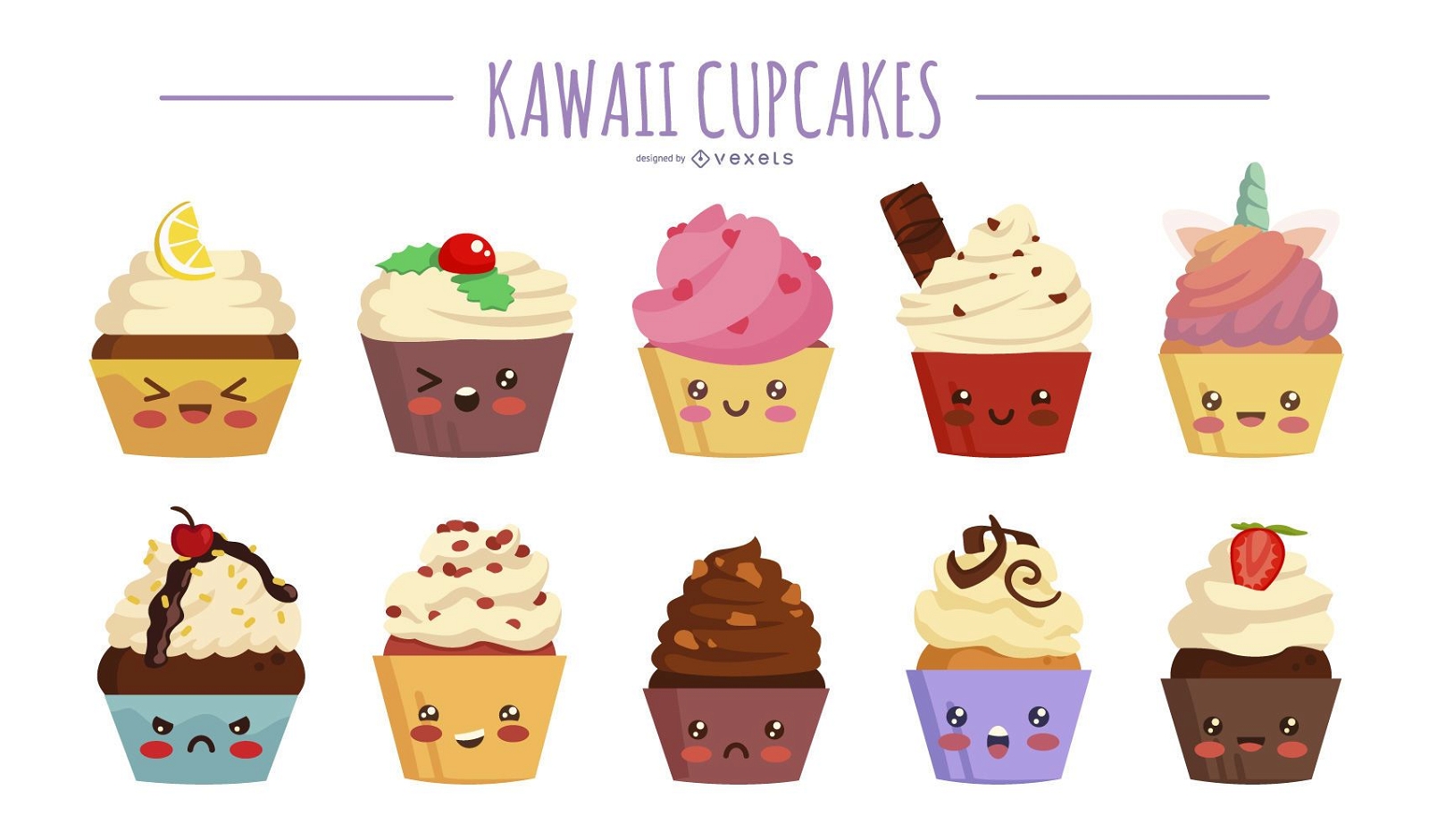 Kawaii cupcakes illustration set