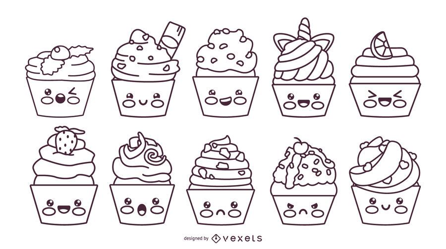 Kawaii cupcakes stroke set Kawaii cupcakes stroke set
