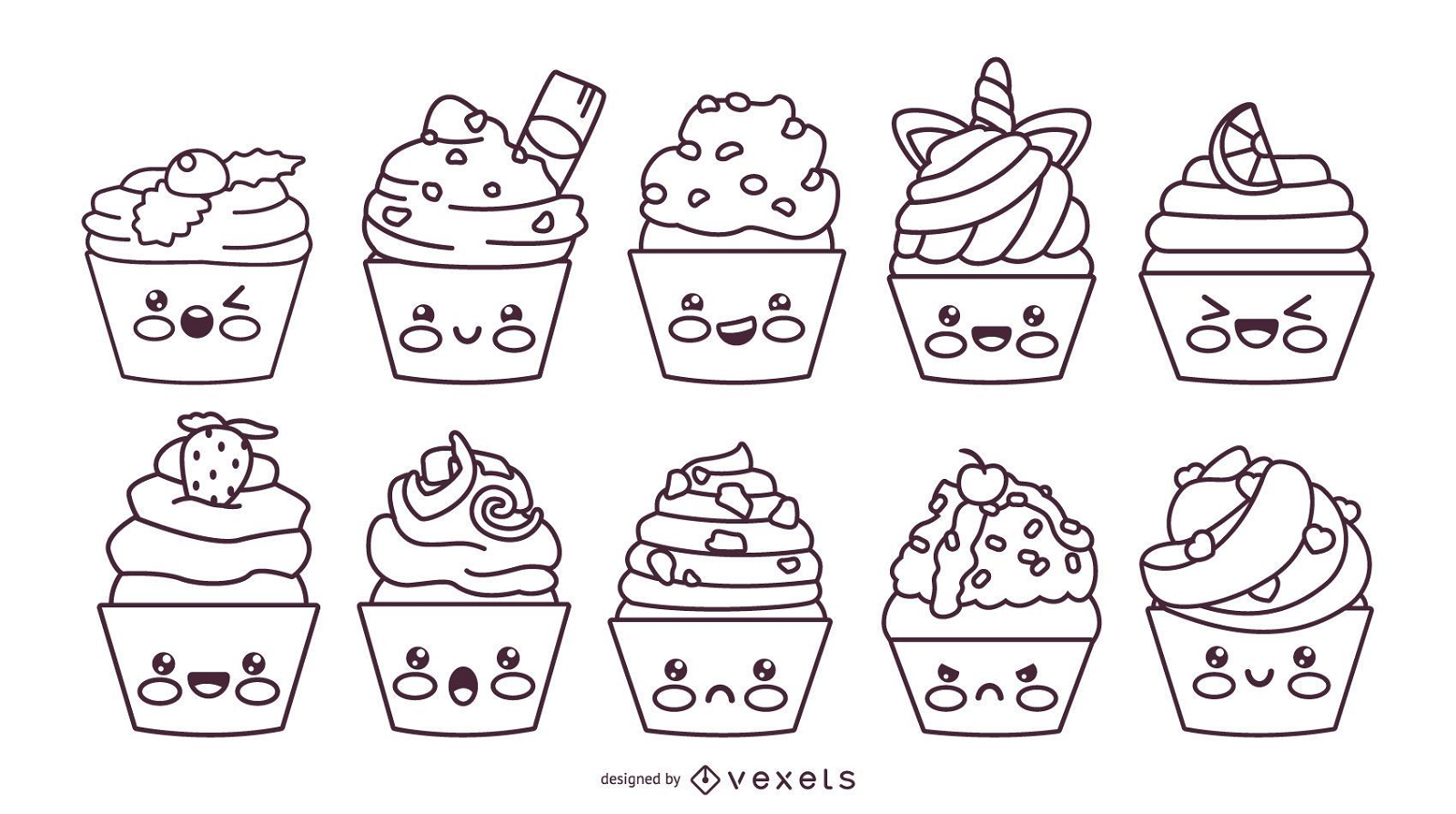Kawaii cupcakes stroke set