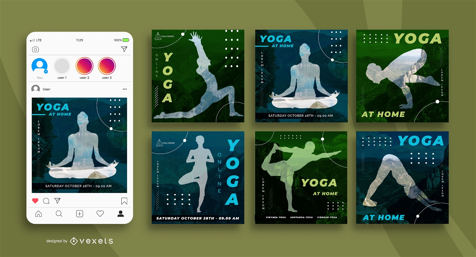 Paquete de banners cuadrados de redes sociales de yoga