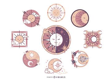 Paquete de diseño de ilustración de luna y sol