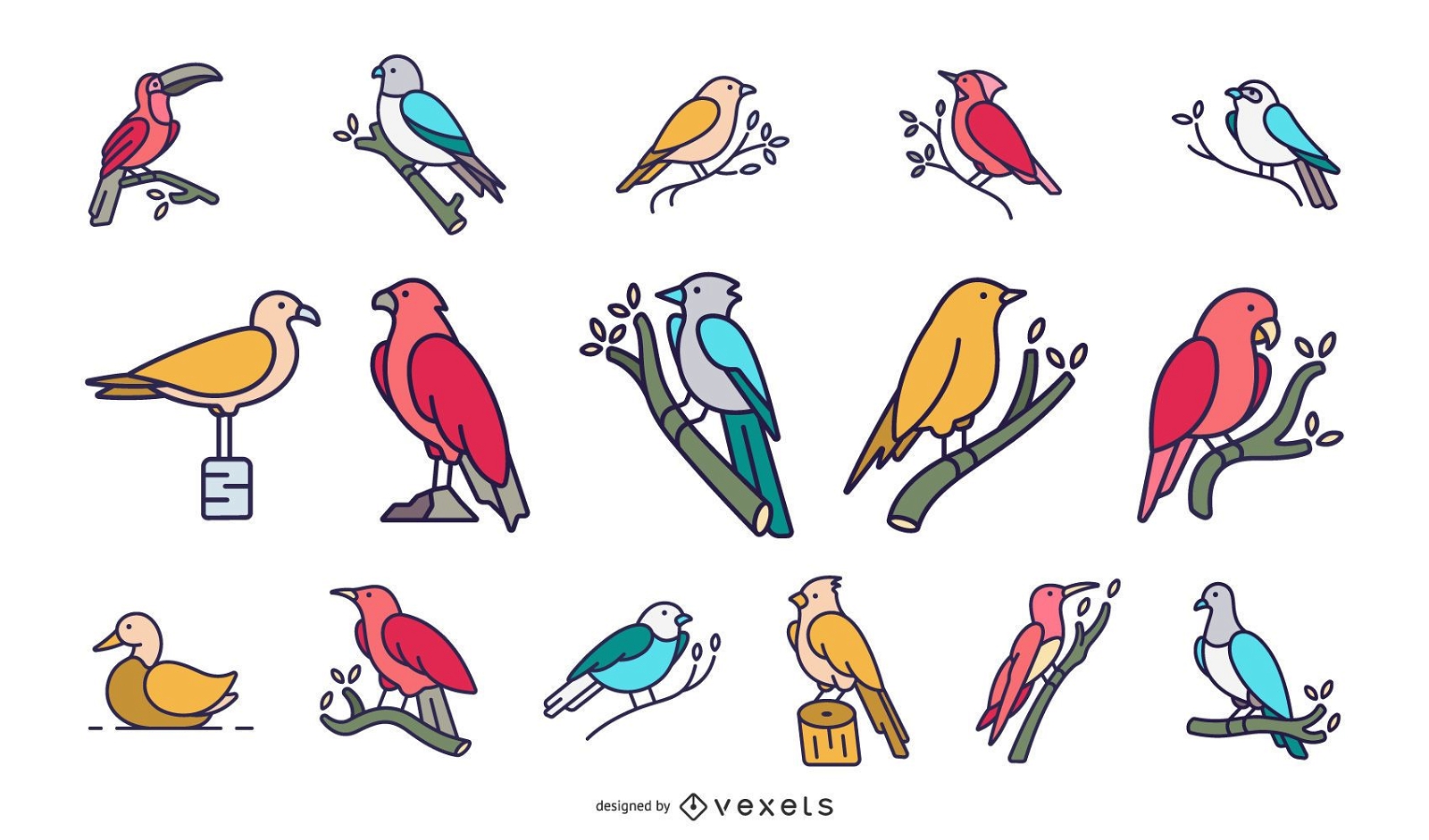 Flache Sammlung der bunten Vögel
