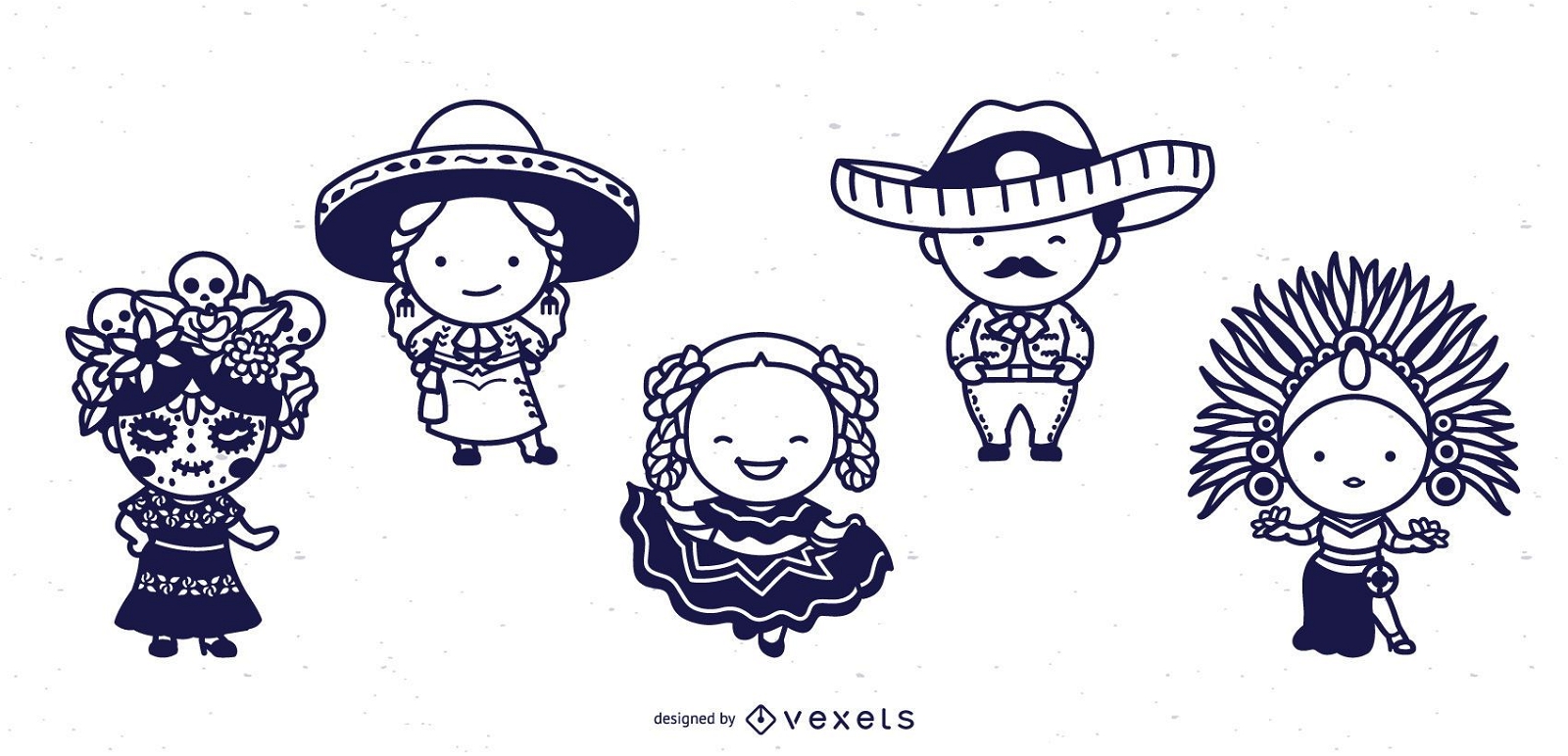 Conjunto de trazos de personajes lindos mexicanos